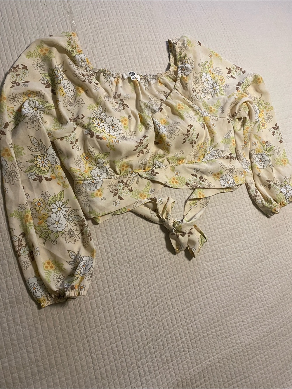 Floral Tie-Front Crop Top in Cream
